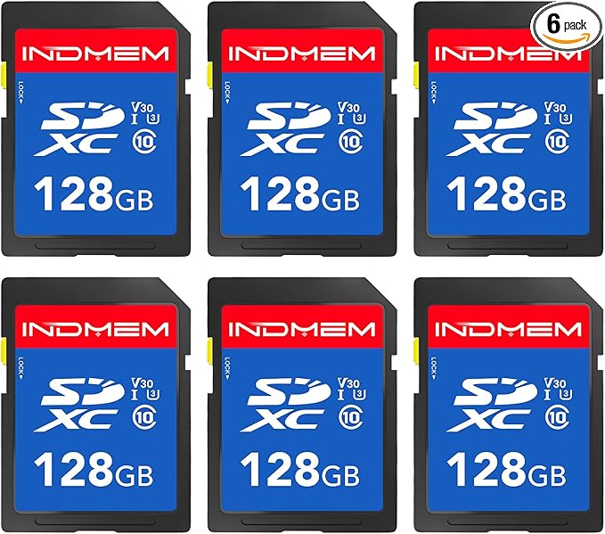 INDMEM SD Card 128GB 6-Pack, Class 10 128GB High Speed up to 90M/S Full HD by READYXIO