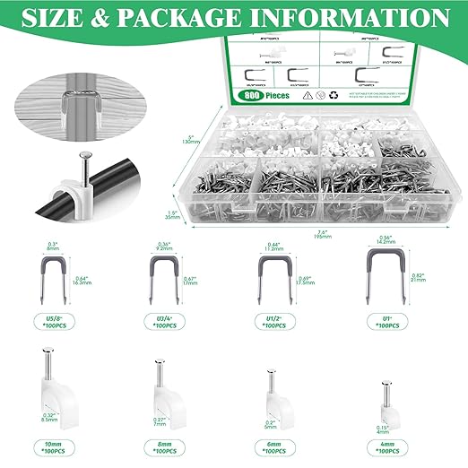 800Pcs 4mm 6mm 8mm 10mm J-Hook Ethernet Cable Nails Wire Clips - Image 2