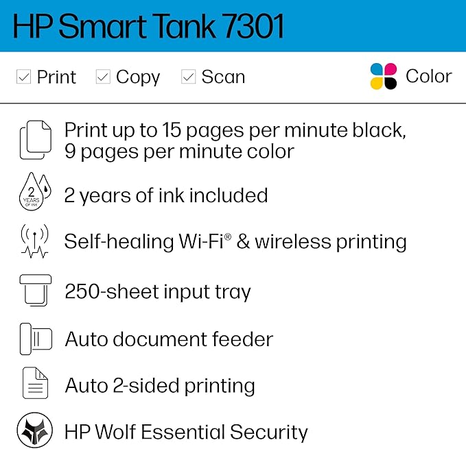 HP Smart Tank 7301 Wireless All-in-One Refillable Ink Tank Printer, Copier - Image 3
