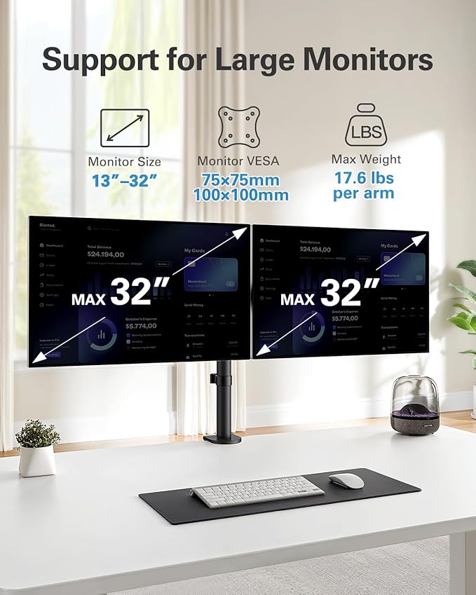 HUANUO Dual Monitor Desk Mount, Heavy-Duty Steel Adjustable Arm - Image 2