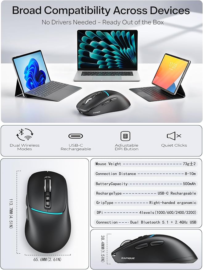 R108 Bluetooth Wireless Mouse – Dual Bluetooth ＆ 2.4GHz USB Receiver, 4 DPI - Image 7