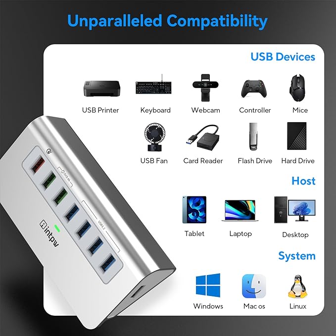 Powered USB Hub 10Gbps, Aluminum 7 Port USB 3.2 Data Hub - Image 7