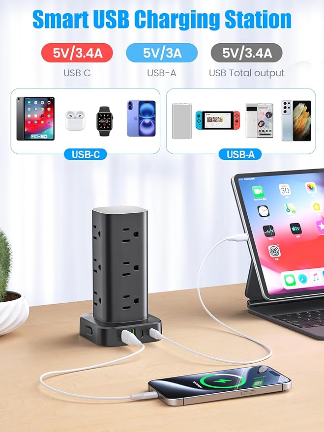 Flat Plug Power Strip Tower Surge Protector, 10FT Flat Extension Cord - Image 3