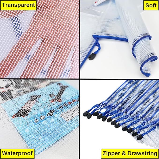 AUSTARK 10 Pcs Zipper File Bags, Waterproof Plastic Mesh Pouch - Image 3