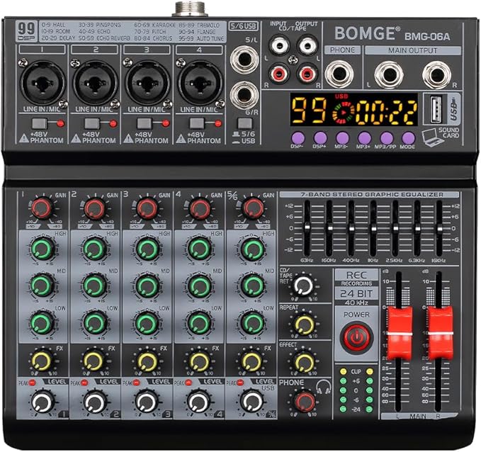BOMGE 06A Professional 6 Channel DJ Audio Mixer, DJ Controller Sound Mixer by BOMGEMusicStudio