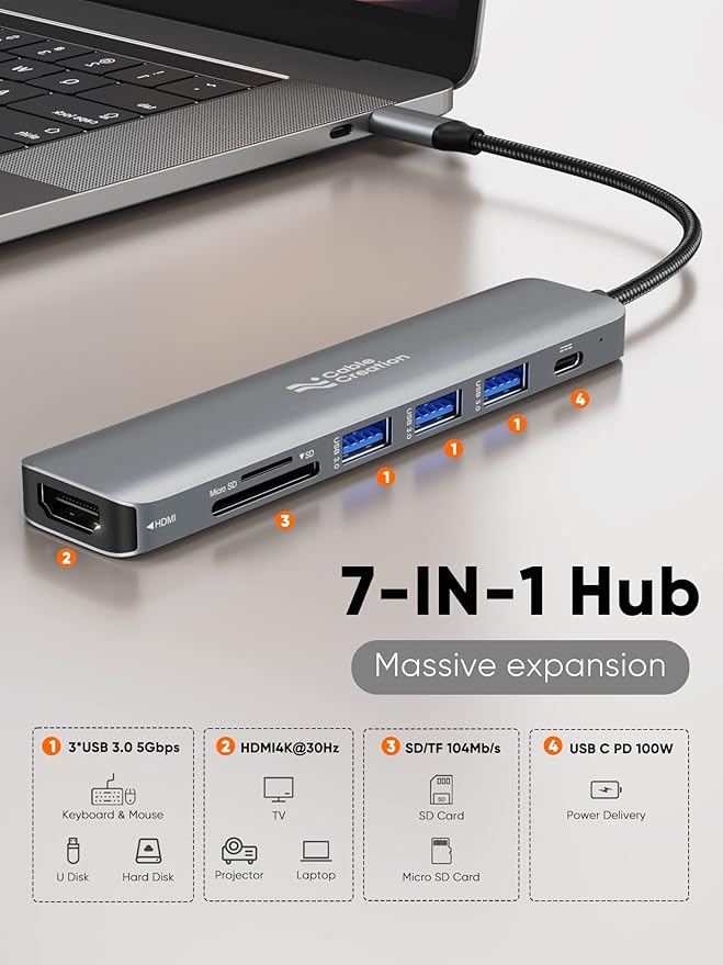 USB C Hub Multiport Adapter, CableCreation 7-in-1 USB C HDMI Hub - Image 2