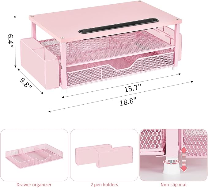 AUPSEN Pink Desk Organizers and Accessories, 2-Tier Wood Computer Monitor Stand - Image 7