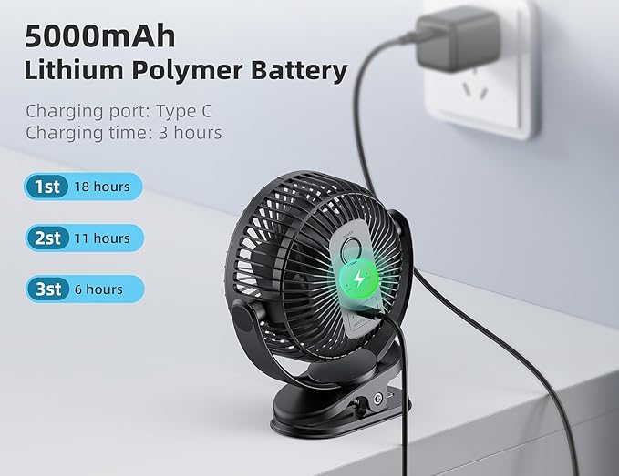USB Personal Clip on Fan 5000mAh Battery Operated 6in, Type C, 3 Speed - Image 3
