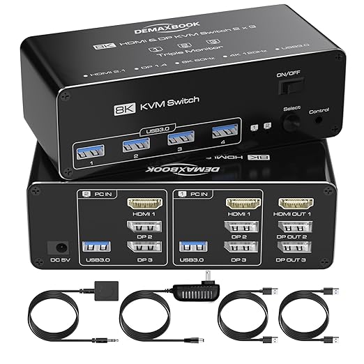 DEMEXBOOK HDMI DisplayPort KVM Switch 3 Monitors 2 Computers 8K@60Hz, Triple by DemexBook