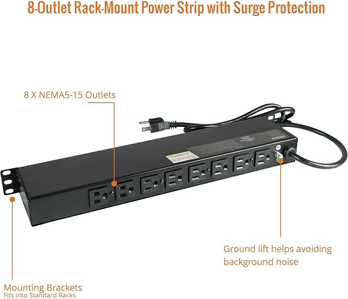 Tecmojo 1U Rack-Mount Horizontal 8-Outlet Power Strip UL Listed PDU - Image 5