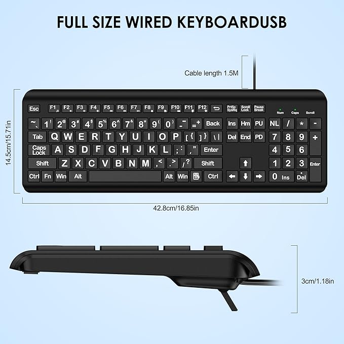 Large Print Computer Keyboard, Wired USB Full Size Quiet Keyboard - Image 8