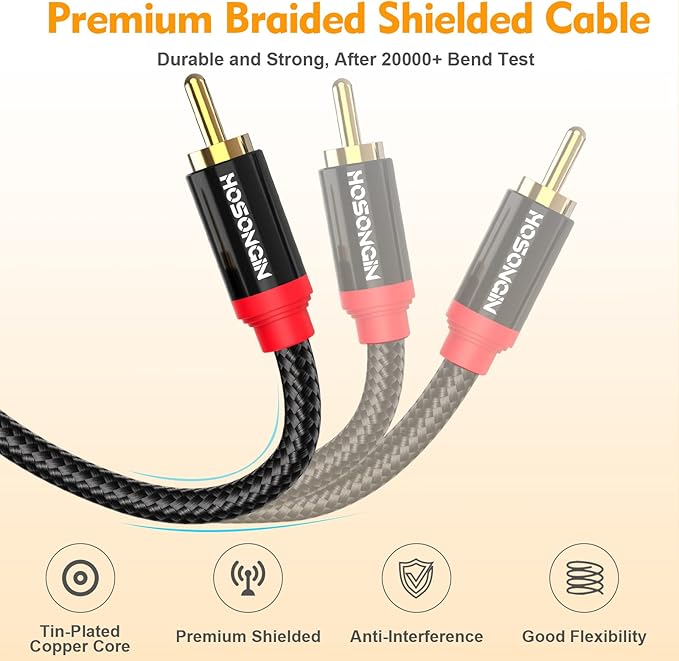 HOSONGIN RCA Cables 6.6ft 2 Pack, 2-Male to 2-Male RCA Audio Stereo Subwoofer - Image 4