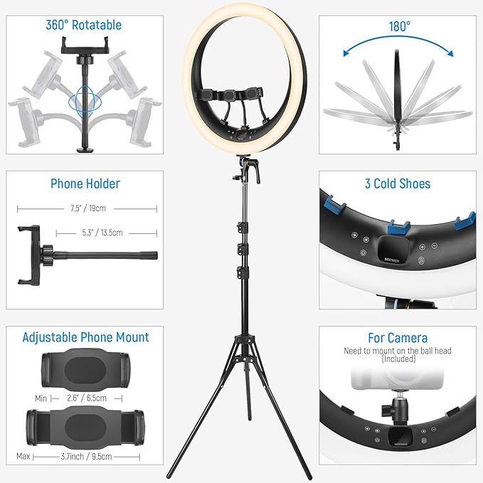 NEEWER 19 inch Ring Light with Stand, 3 Phone Holders and Mini Ball Head - Image 7