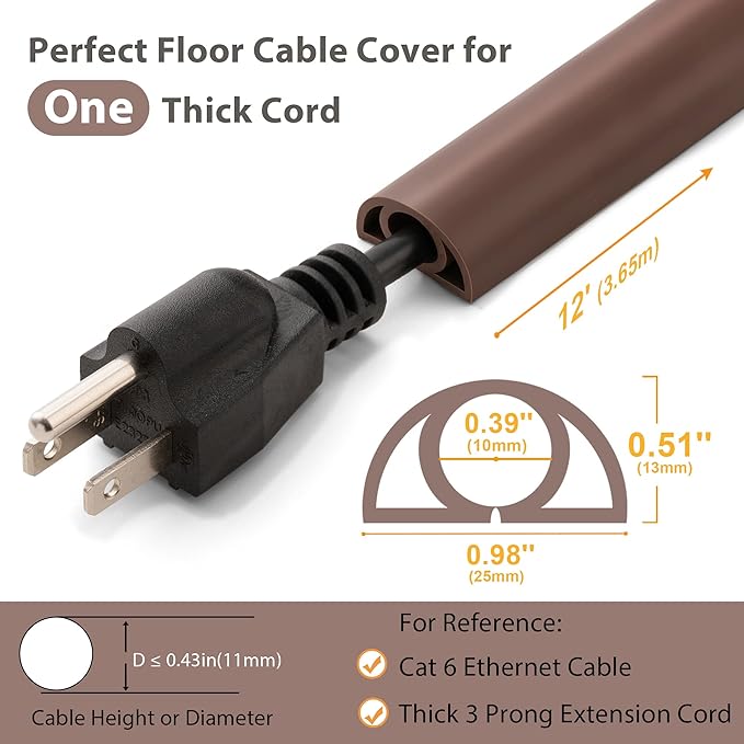 12ft Cord Cover Floor for Extension Cords, Self-Adhesive Floor Cable Cover to - Image 2