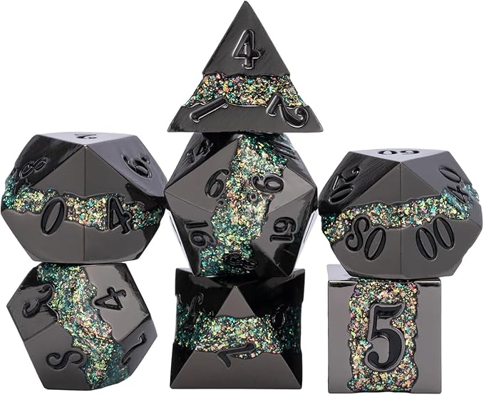 Black Glitter Metal Dice Set, Polyhedral Stripe DND Dice Set by Maywin