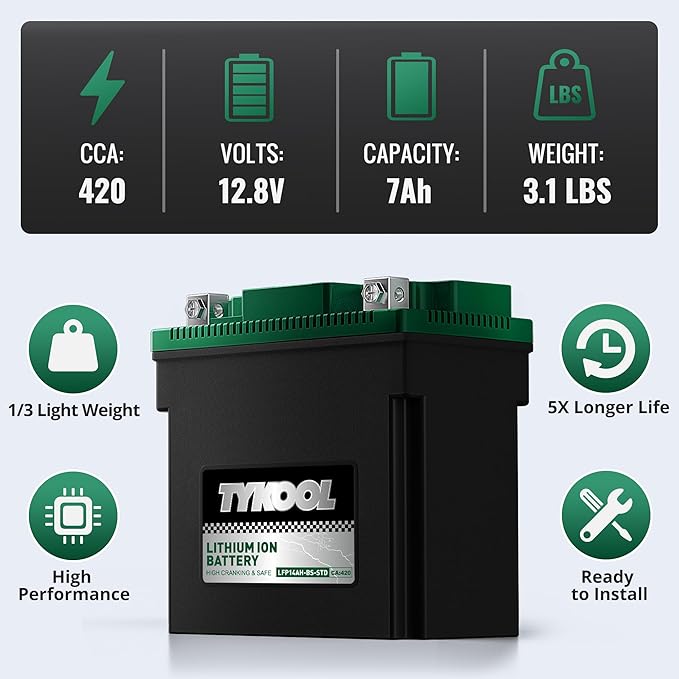 TYKOOL YTX14AH-BS-STD, LiFePO4 Lithium Motorcycle Battery, 12.8V 7Ah, 5X Longer - Image 4