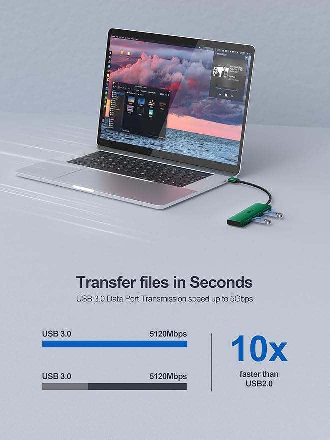 USB 3.0 Hub, 4 Port USB Splitter Extender Portable Adapter Multiport Data Hub - Image 3