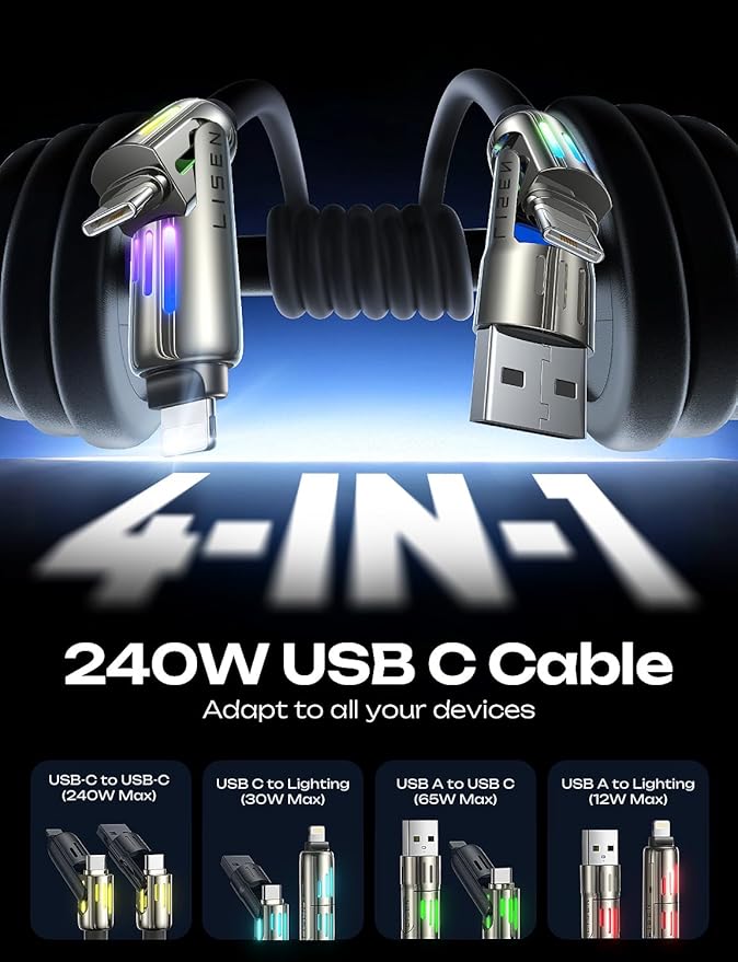 LISEN USB C to Lightning Cable, 240W 4 in 1 Charging Cable 10FT, Chubby USB A/C - Image 4