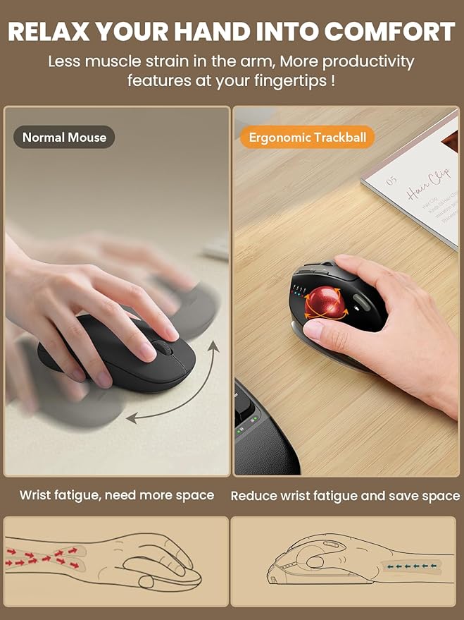 Wireless Trackball Mouse, Ergonomic Bluetooth Rechargeable Computer Mouse - Image 3