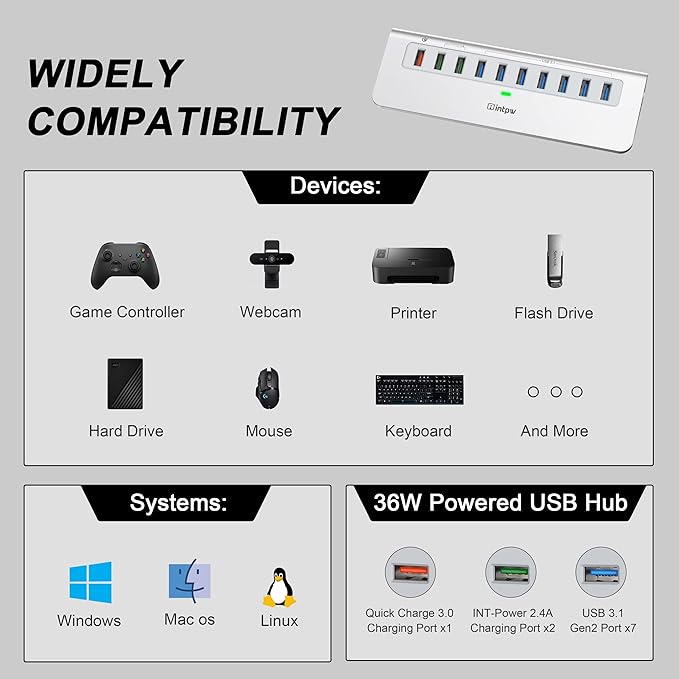 Powered USB Hub 10Gbps, 10 Port USB 3.1 Gen 2 Hub - Image 7