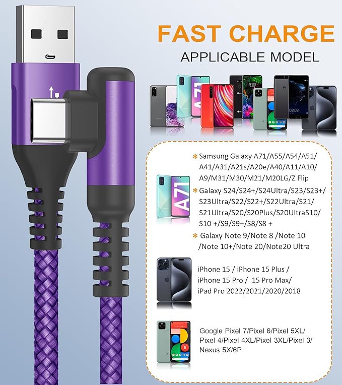 sweguard USB C Cable Right Angle, USB Type C iPhone 16 Charger Cable Nylon - Image 4