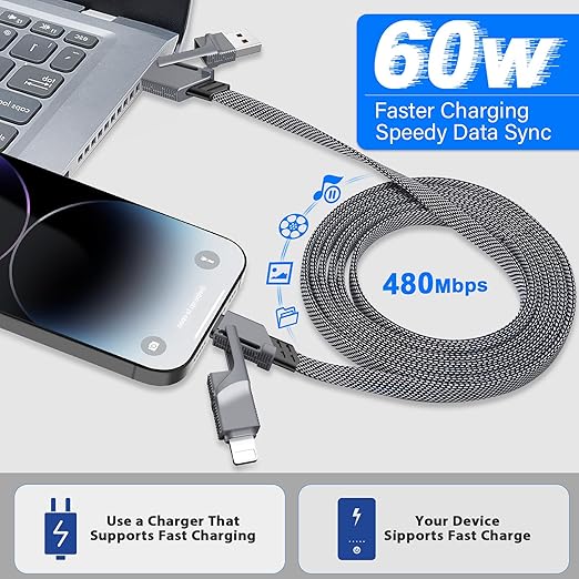 2Pack 4 in 1 USB C Cable for Lightning Cable, 3FT Flat Braided USB C to USB C - Image 2