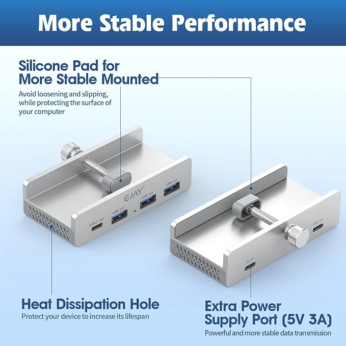 EJAY Mountable 4Ports USB3.0 HUB Alu Desktop Clamp Type C USB3.0 Splitter - Image 5