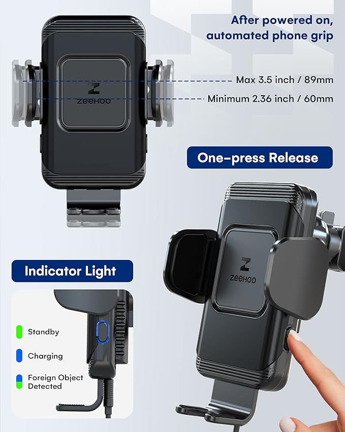 ZeeHoo Wireless Car Charger, 15 W Fast Charging Auto-Clamping Car Mount - Image 4