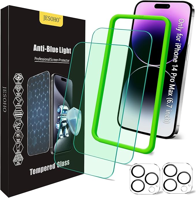 Blue Light Screen Protector for iPhone 14 Pro Max & Camera Lens Protector by JESOHO
