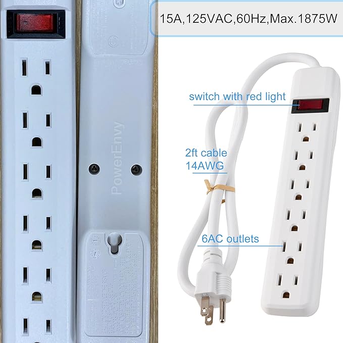 6-Outlet Surge Protector – 250 Joules, 2ft Cord, 1875W Max – Right Angle Plug - Image 2