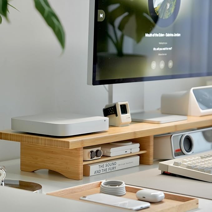 Bamboo Dual Monitor Stand Riser Natural, 2-Tier Desk Monitor Riser - Image 4