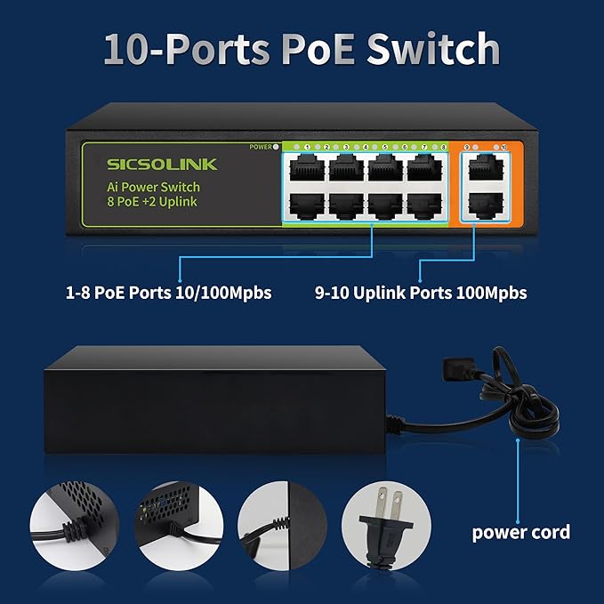 8 Ports PoE+ Ethernet Switch 2 Uplink 802.3af/at 120W Total Power 100Mbps - Image 3