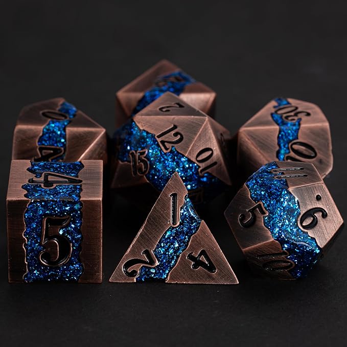 Metal DND Polyhedral Dice, Large Stripe Glitter Metallic Dice Set, Antique - Image 5