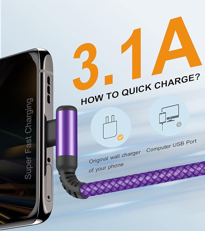 sweguard USB Type C Charger Cable Right Angle iPhone 16 Charger Nylon Braided - Image 3