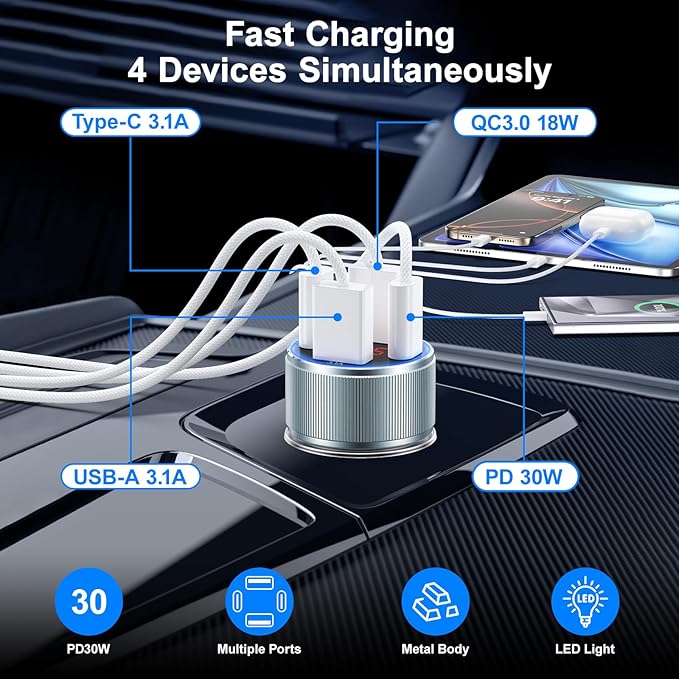 Car Charger USB C, Besgoods 65W 4-Port USB Cigarette Lighter Adapter - Image 2