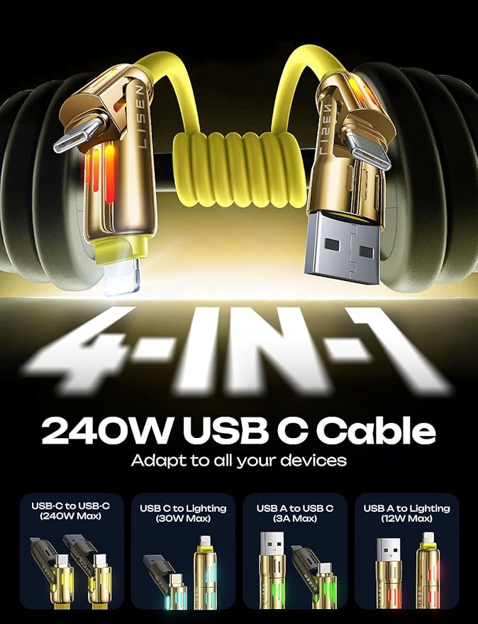 LISEN 6.6FT 240W 4-in-1 Multi Charging Cable, USB A/C to C/L, - Image 2