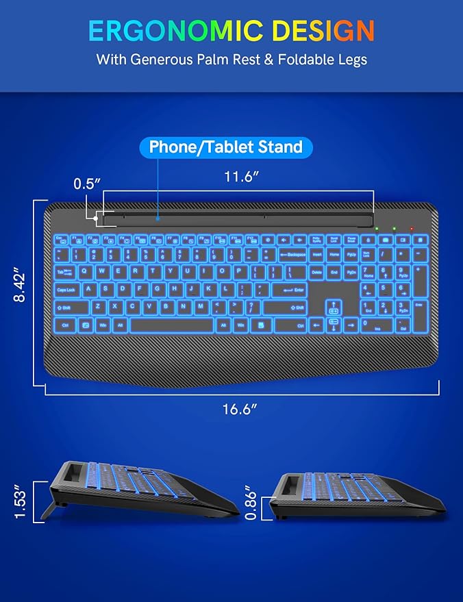 Wireless Keyboard with 7 Colored Backlits, Wrist Rest, Phone Holder, - Image 7