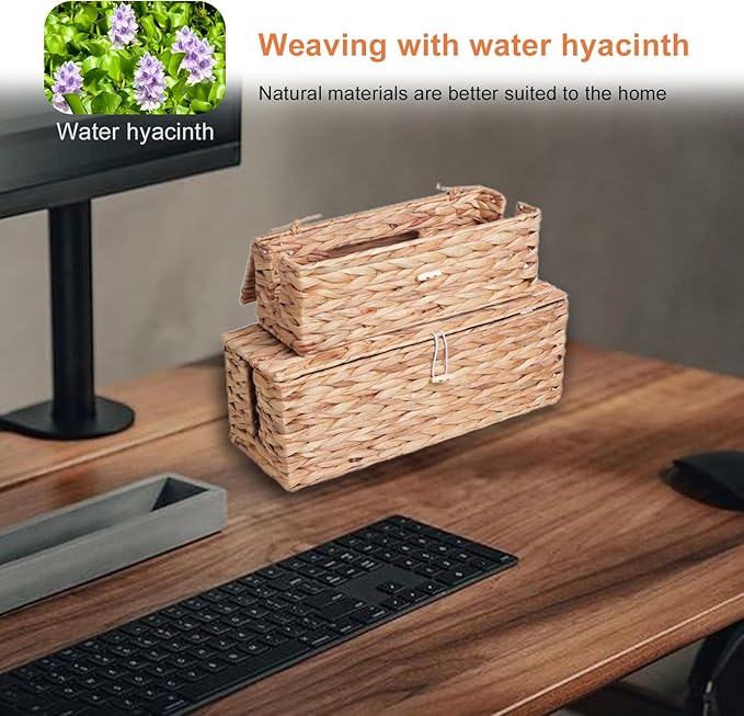 Cable Management Box, Handwoven Water Hyacinth Cable Organizer Box Set - Image 6