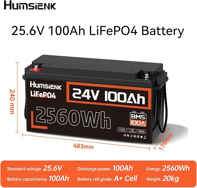Lithium Battery 24V 100Ah LiFePO4 Batterys, Built-in 100A BMS - Image 2