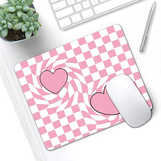Mouse Pad, Cute Pink Checkered Heart Mouse Pads - Image 5