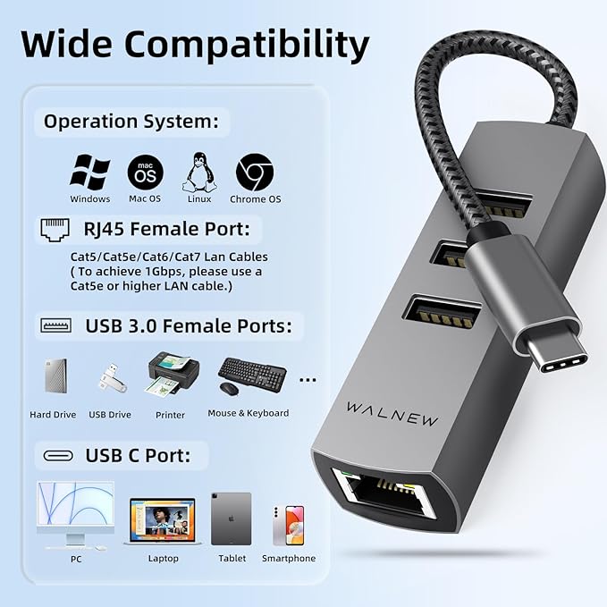 USB-C to Ethernet Adapter, WALNEW USBC to RJ45 LAN Adapter, Gigabit Cat Network - Image 6