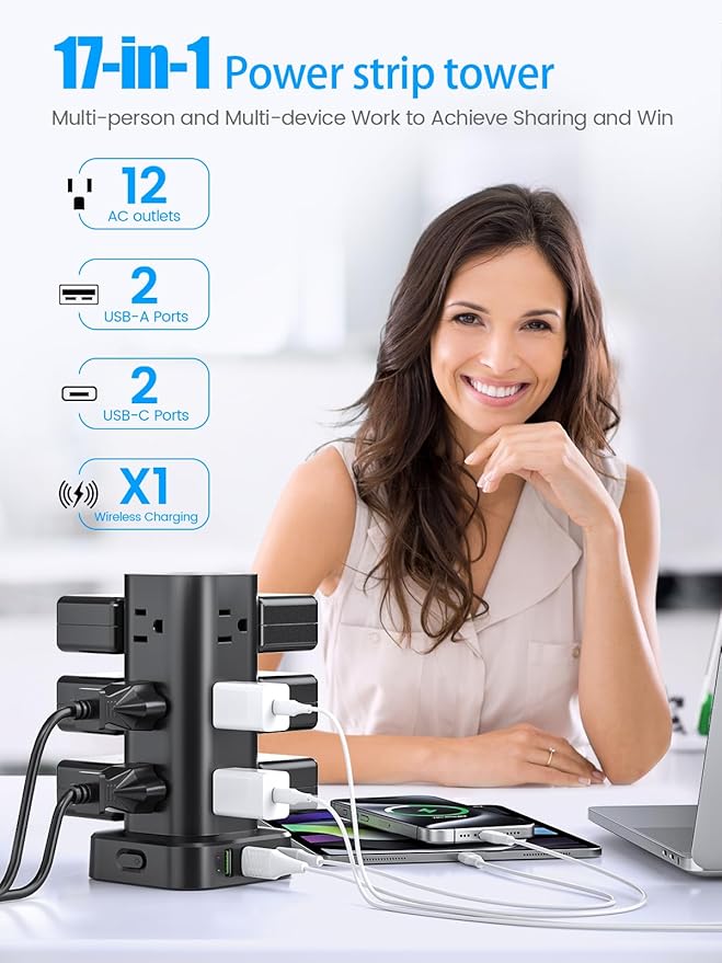 Tower Power Strip with 15W Wireless Charger, 10FT Flat Plug Extension Cord with - Image 3
