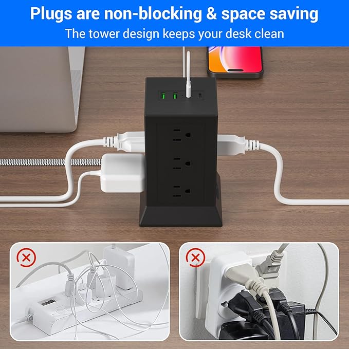 Power Strip Tower with Multiple Outlets, 10 Ft Extension Cord Flat Plug with 12 - Image 5