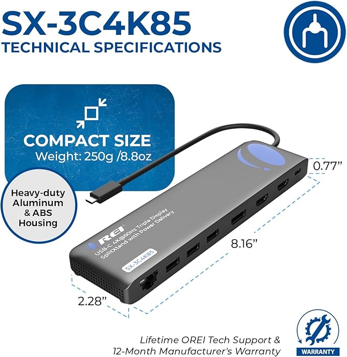 OREI USB-C Triple Monitor Docking Station Splitter – USB-C to 2× HDMI & 1× - Image 6