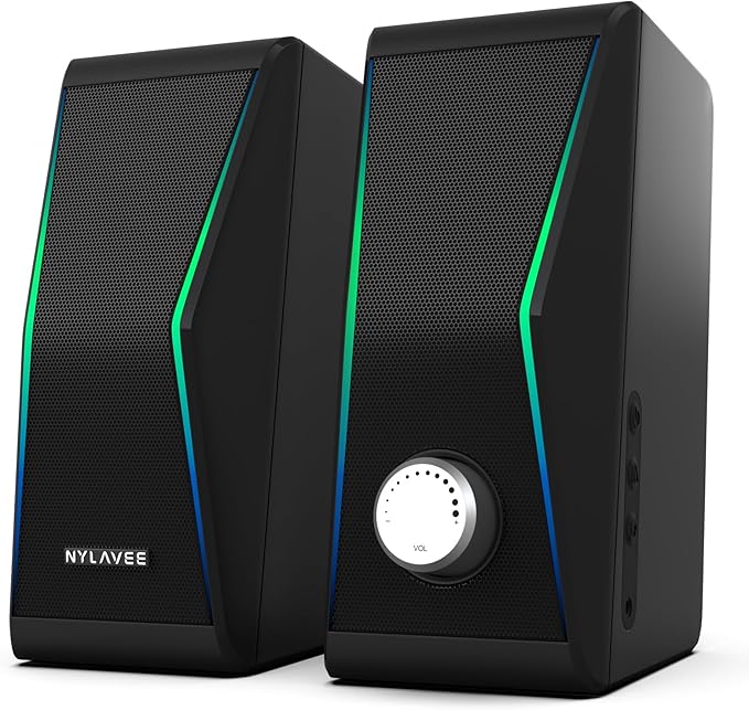 Computer Speakers, 4 Dynamic Lighting Modes, AC Adapter Powered and 3.5mm by Nylavee