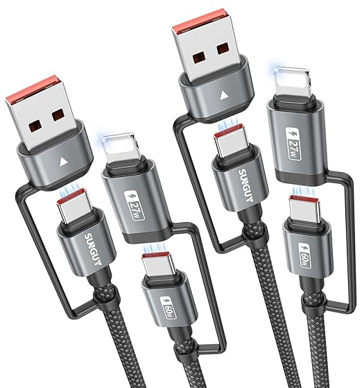 SUNGUY 4 in 1 Charging Cable 6FT, 60W Multi Charging Cable, USB-C/A to by SUNGUY