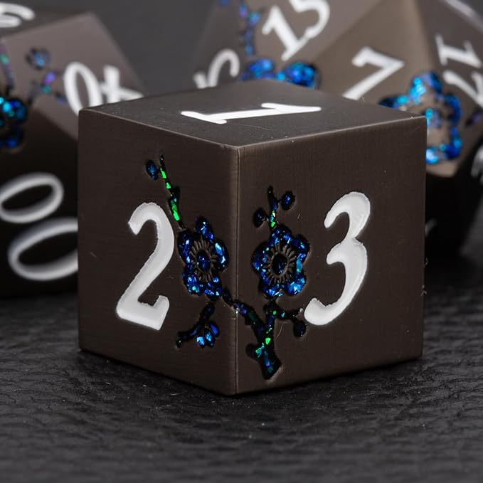 Metallic Glitter Flowe Dice Set, Metal Polyhedral RPG Dice - Image 3