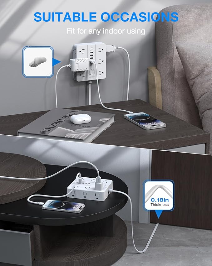 Extension Cord 25 Ft, HUNIAN Flat Plug Power Strip Surge Protector, 12 Widely - Image 5