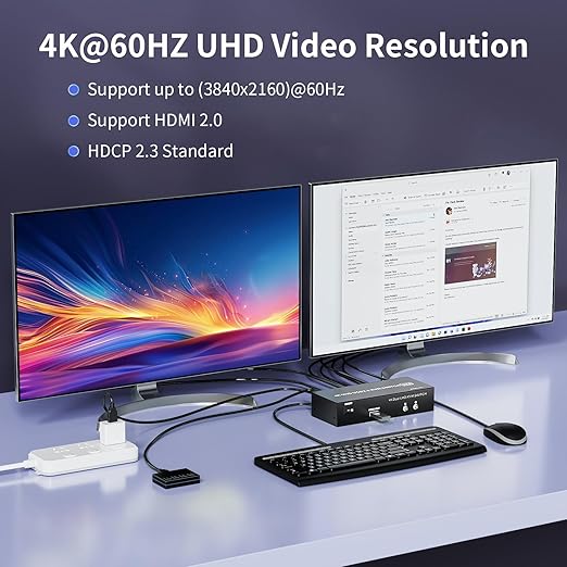 HDMI KVM Switch 2 Monitors 2 Computers 4K@60Hz USB 3.0 KVM Switcher Share Dual - Image 3