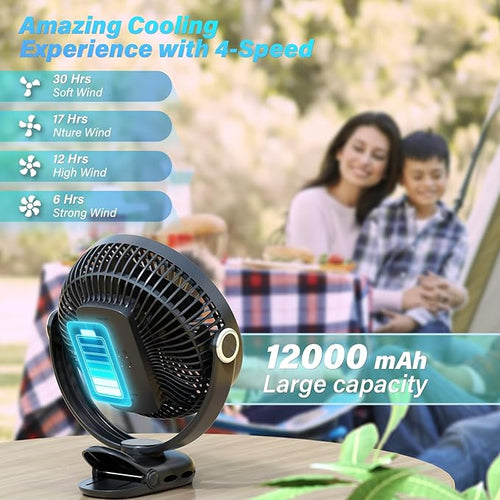 12000mAh Clip on Fan 30H Longest Runtime, 8in Portable Fan Rechargeable - Image 2
